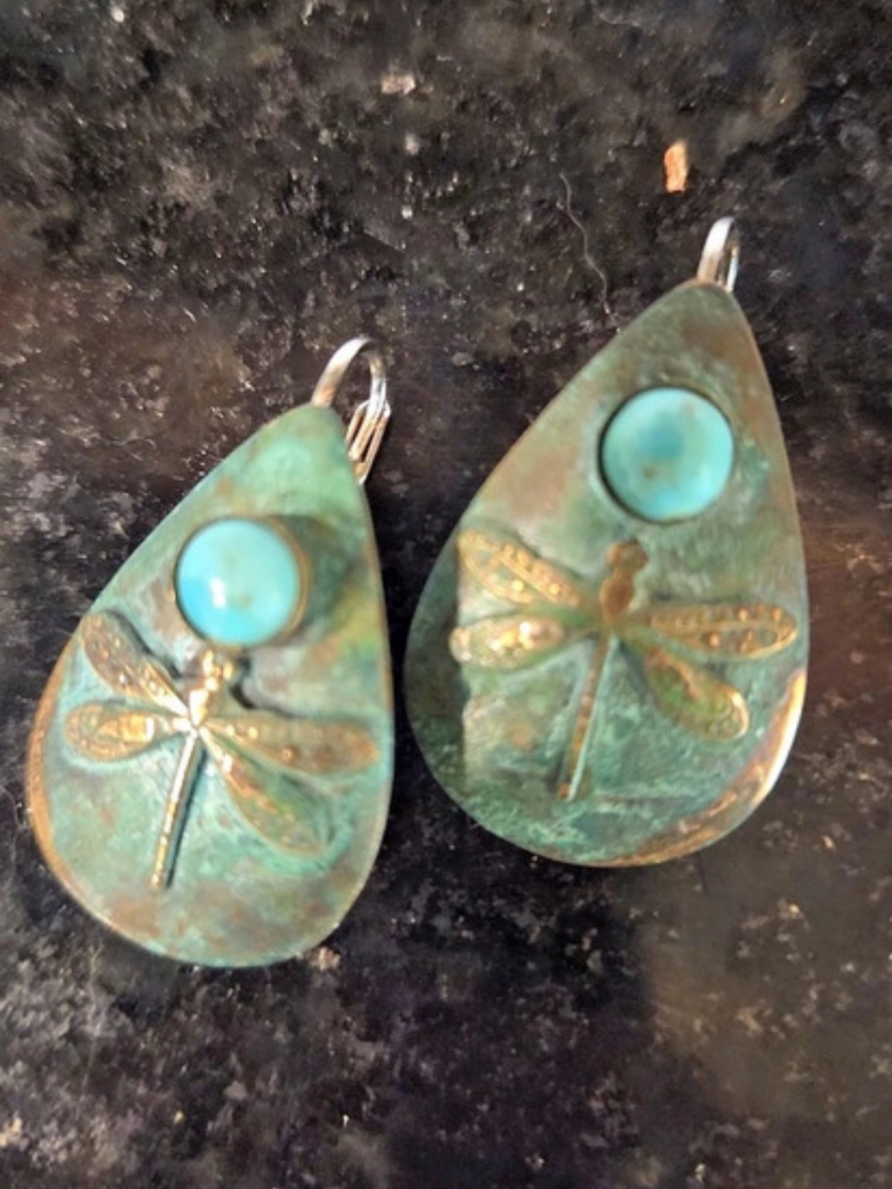 Elaine Coyne Verdigris Patina Solid Brass Dragonfly Teardrop Earrings